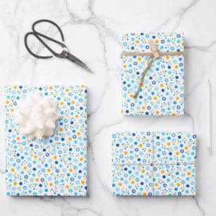 Chanukah Jewish Stars Snowflakes White Blue Gold Geschenkpapier Set