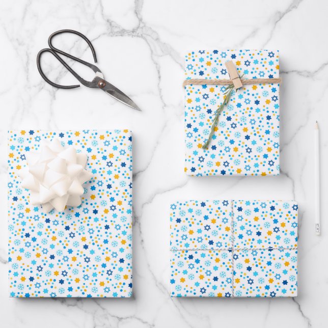 Chanukah Jewish Stars Snowflakes White Blue Gold Geschenkpapier Set (Vorderseite)