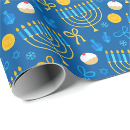 Chanukah Menorah Gelt Dreidel Blue Geschenkpapier
