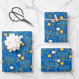 Chanukah Menorah Gelt Dreidel Blue Geschenkpapier Set
