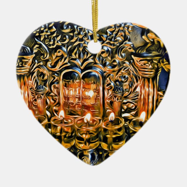 Chanukah Menorah mit Öl-Lichtern Keramikornament (Vorne)