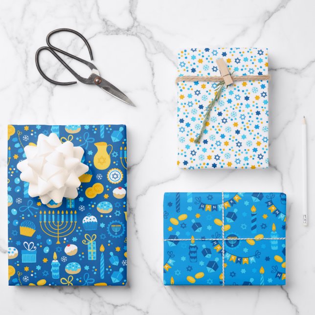 Chanukah Mixed Set of Jewish Stars Dreidel Candles Geschenkpapier Set (Vorderseite)