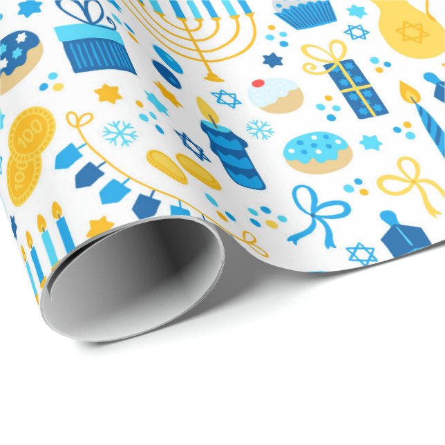 Chanukah Party Blue Gold White Menorah Gelt Cookie Geschenkpapier (Rolleneckpunkt)