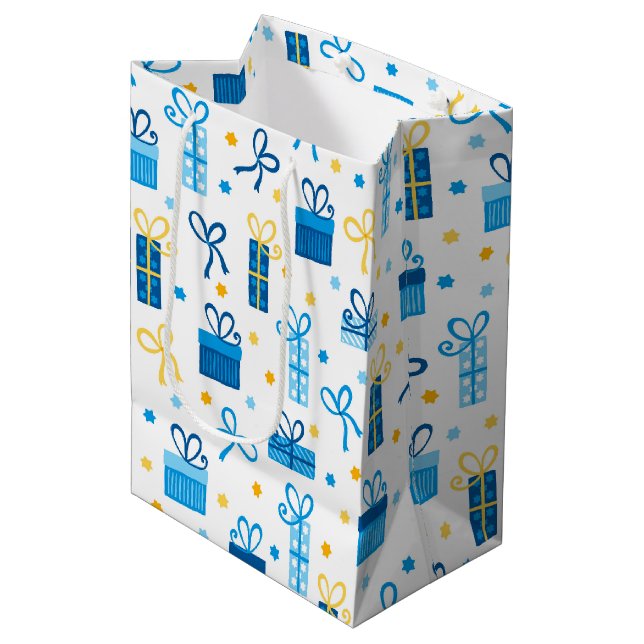 Chanukah präsentiert Geschenke w/Bows White Mittlere Geschenktüte (Vorderseite Schrägansicht)