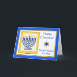 Chanukah wünscht sich eine zeitgenössische Menorah Karte<br><div class="desc">Happy Chanukah Gute Wünsche für Sie,  zeitgenössische Menorah mit blauen Kerzen,  Papier Grußkarte. Digitale Illustration mit einer beleuchteten Menorah und einem Stern von David. Art,  Bild und Vers Copyright © Shoaff Ballanger Studios,  2024.</div>