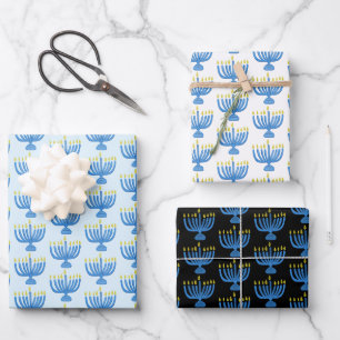 Chanukka-Botanische Menora Aquarell Blau Geschenkpapier Set