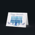 Chanukka-Feiertagskarte mit menorah im Blau und im Feiertagskarte<br><div class="desc">Chanukka-Feiertagskarte mit menorah in der blauen und weißen Menorah Chanukka Gruß-Karte in Blauem und in weißem, Menorah machte unter Verwendung der grafischen Tablette, an den unteren zwei olivgrünen Niederlassungen, glückliches Chanukka, können Sie dieses haben, das mit Namen personalisiert ist und Familiennamen, drücken gerade die Künstlerpalette auf der Karte für den...</div>