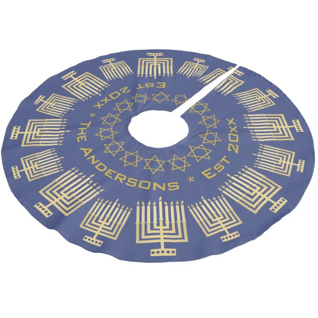 Chanukka-Gold Menorah addieren Ihr Polyester Weihnachtsbaumdecke (Schrägansicht)