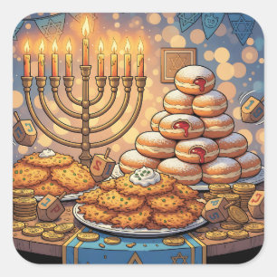 Chanukka-Kartoffelpuffer, Menora und Jelly Rolls Quadratischer Aufkleber