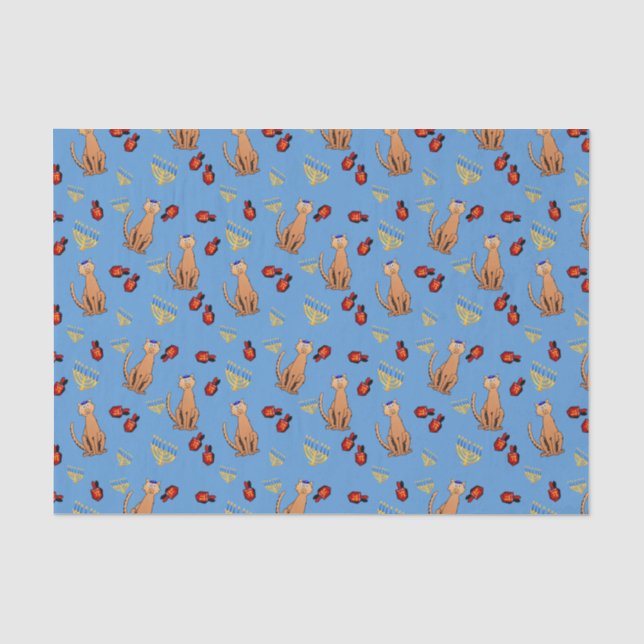 Chanukka-Katze Dreidel blaues Seidenpapier (Vorderseite)
