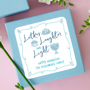 Chanukka-Latkes-Lachen-Licht Handgezeichnete Kritz Quadratischer Aufkleber