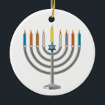 Chanukka menorah keramik ornament<br><div class="desc">Chanukka menorah. stoppen Sie die Orange" besonders anfertigen sie" Knopf, um die Schablone besonders anzufertigen ab, indem Sie die Hintergrundfarbe ändern, wenn Sie gewünscht werden. Personifizieren Sie, indem Sie persönlichen Text des Namens, der Initialen oder der Chanukka-Grüße hinzufügen, wie gewünscht</div>