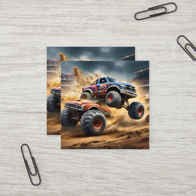 Chaos auf Rädern: Monster Truck Smash Derby Quadratische Visitenkarte (Vorderseite/Rückseite Beispiel)