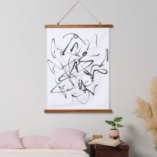 Chaos in Tinte - Abstraktion expressiver Linien Wandteppich Mit Holzrahmen
