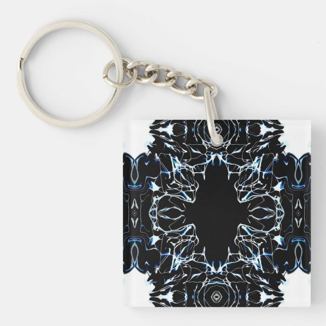 Chaotic Abstract Blue on Black and White Fluid Art Schlüsselanhänger (Vorderseite)