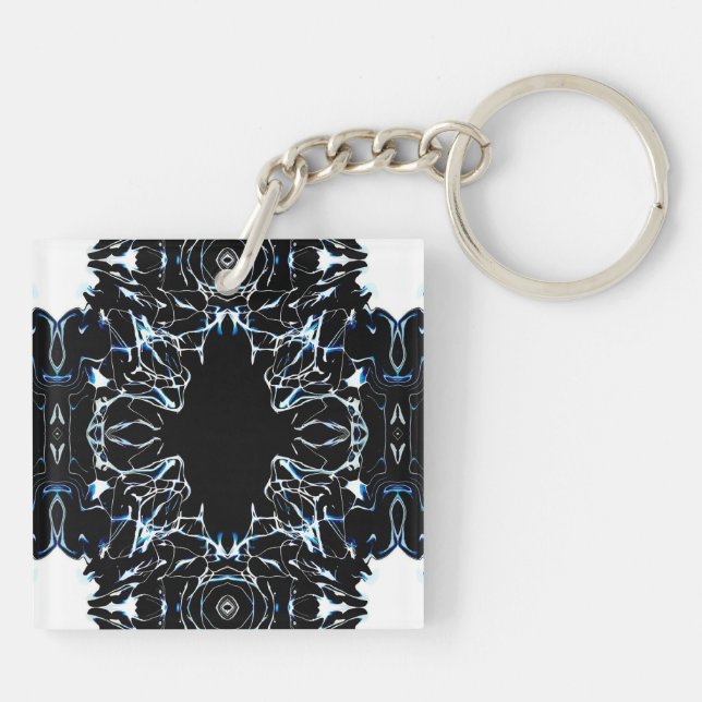 Chaotic Blue and Black Abstract Acrylic Fluid Art Schlüsselanhänger (Rückseite)