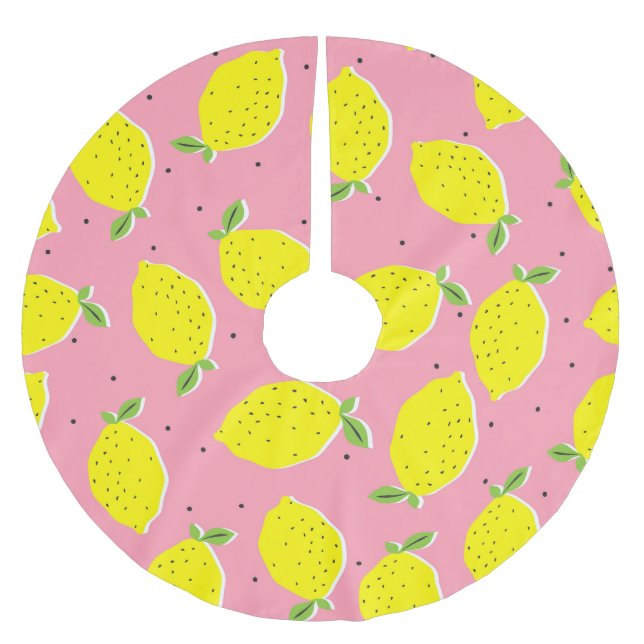 Chaotic Lemons Pink Polka: Zitrusmuster Polyester Weihnachtsbaumdecke (Vorderseite)