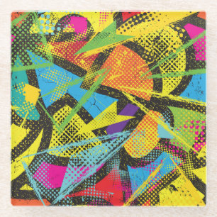 Chaotischer Neon: Abstraktes Graffiti-Muster. Glasuntersetzer