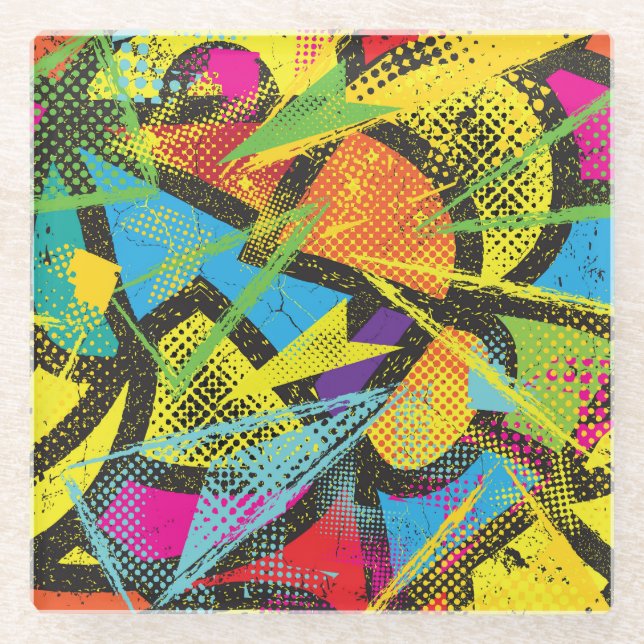 Chaotischer Neon: Abstraktes Graffiti-Muster. Glasuntersetzer (Vorderseite)