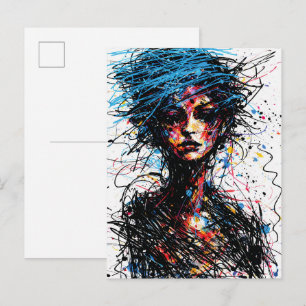 Chaotisches blaues Haar abstraktes Porträt platzt Postkarte