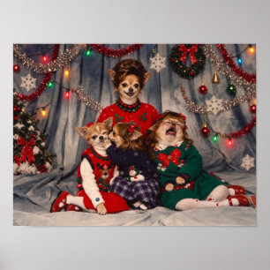 Chaotisches Retro-Chihuahua-Weihnachtsfamilienport Poster