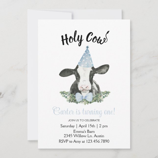 Chapeau de fête bleu vache avec invitation à motif (Devant)