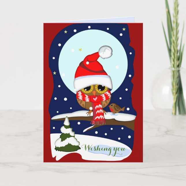 Chapeau de Noël, écharpe rouge Chouette & carte de (Devant)