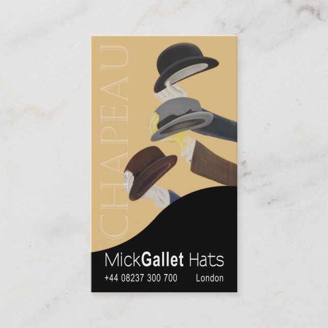 "Chapeau" Milliner, Hut-Designer, Haberdasher Visitenkarte (Vorderseite)