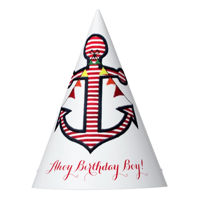 Chapeaux De Fêtes Ancre nautique Red & White Stripes Ahoy Anniversai (Devant)