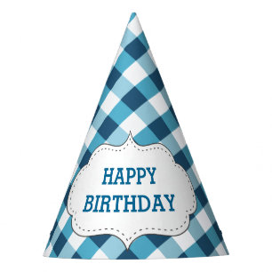 Chapeaux De Fêtes Anniversaire Personnalisé avec Motif Gingham Bleu 