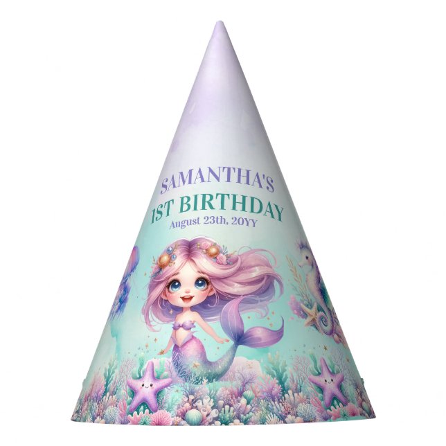 Chapeaux De Fêtes Aquarelle de sirène violet turquoise 1er anniversa (Devant)