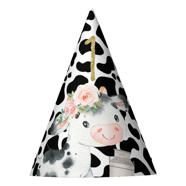 Chapeaux De Fêtes Black Cow Imprimer Premier Casquette de fête d'ann (Devant)