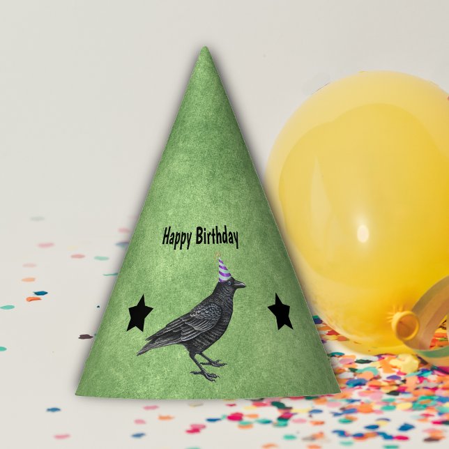 Chapeaux De Fêtes Black Crow violet fête d'anniversaire Casquette Ét (Black crow in purple striped party hat black stars on green Birthday paper party hat.)