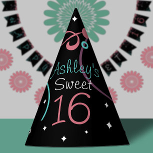 Chapeaux De Fêtes Black Stars & Swirls Sweet 16 Anniversaire
