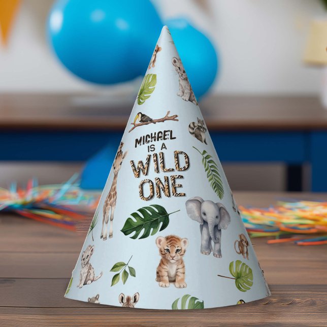 Chapeaux De Fêtes Blue Wild One, Safari Theme Baby Boy 1er (Blue Wild One, Safari Themed Boy 1st birthday party hat.)