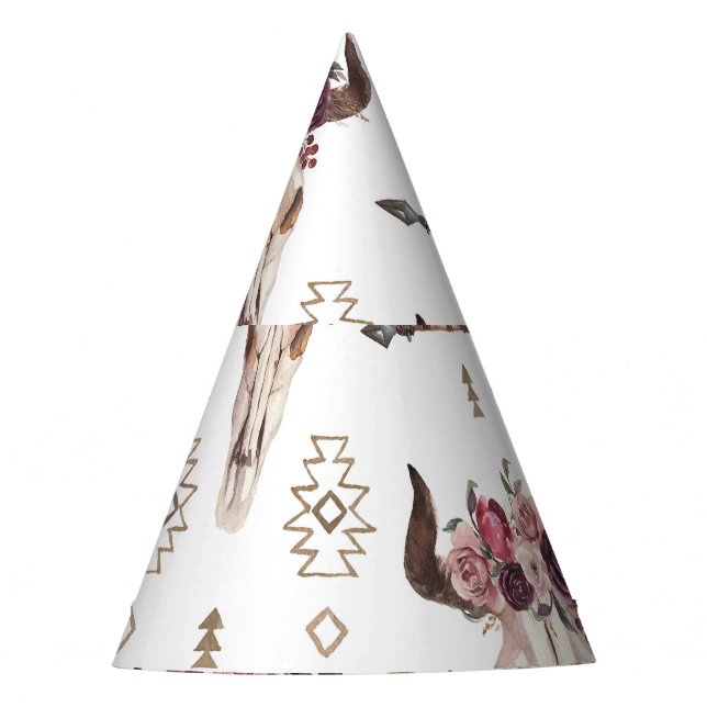 Chapeaux De Fêtes Boho aquarelle : flèches, motif crâne. (Devant)
