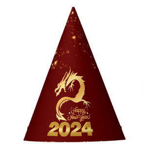 Chapeaux De Fêtes Bonne année 2024 Golden Chinese Dragon Red