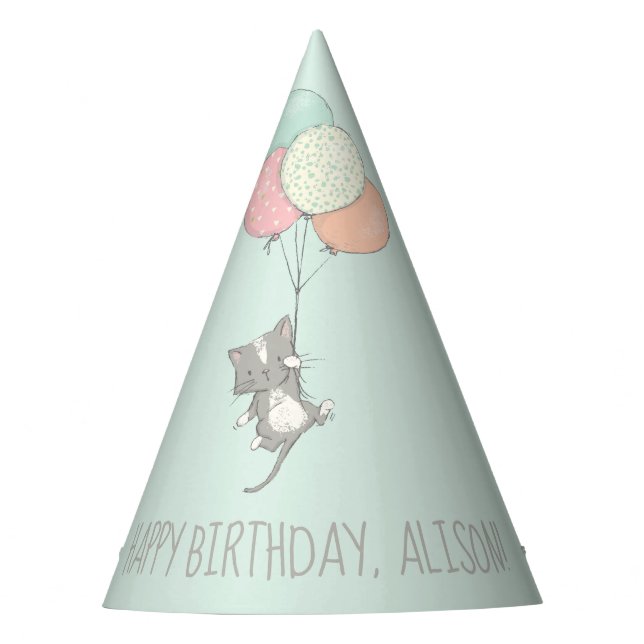 Chapeaux De Fêtes Chat gris doux avec l'anniversaire de ballons (Devant)