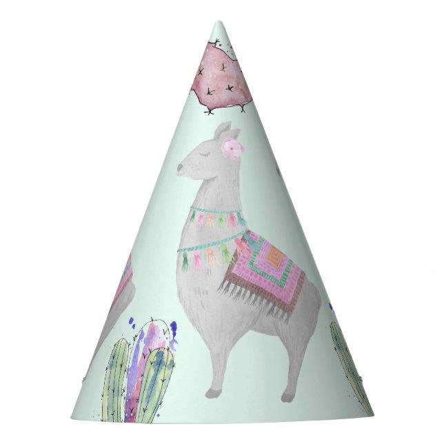 Chapeaux De Fêtes Cute Mint Rose Llama et Motif d'aquarelle Cactus (Devant)