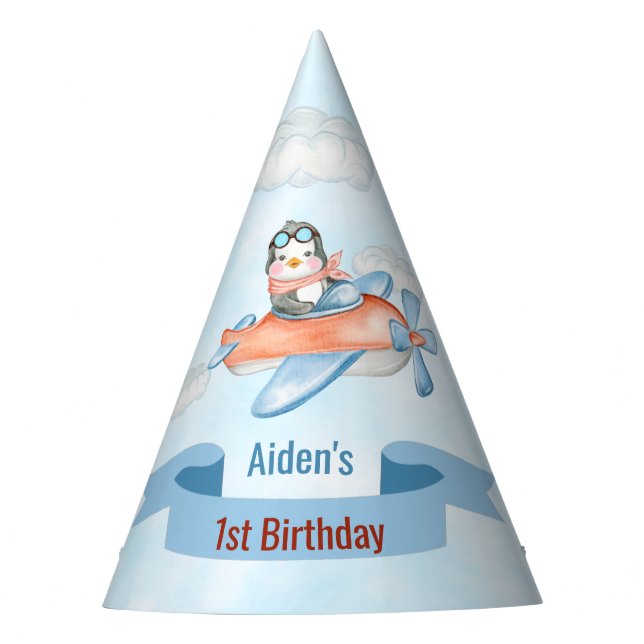 Chapeaux De Fêtes Cute Penguin Avion Bleu 1er anniversaire (Devant)
