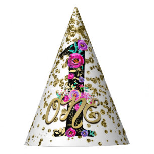 Chapeaux De Fêtes Fête d'anniversaire Black Floral Gold Glitter UN 1
