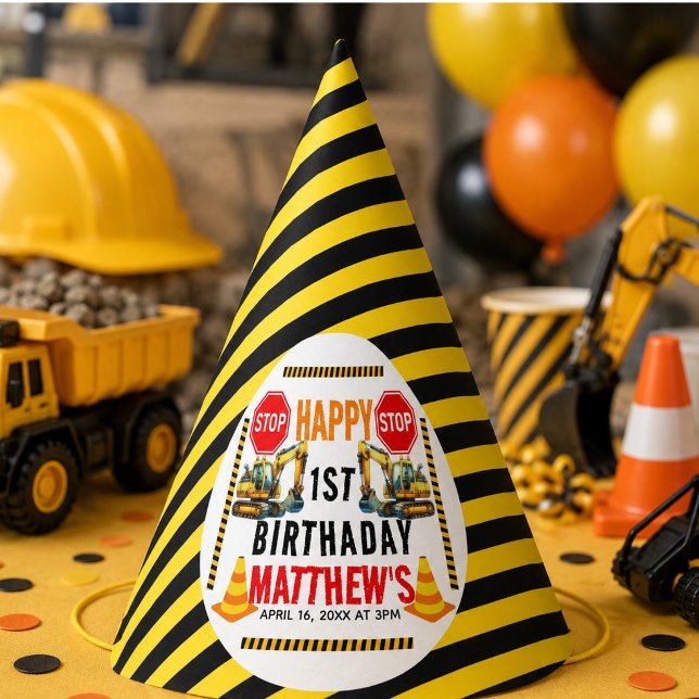 Chapeaux De Fêtes Fête d'anniversaire Camion à benne 1 an (Construction Dump Truck 1st Birthday Party Hat)