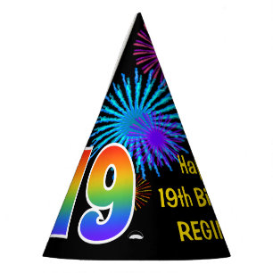 Chapeaux De Fêtes Feux d'artifice amusants + Motif arc-en-ciel "19" 