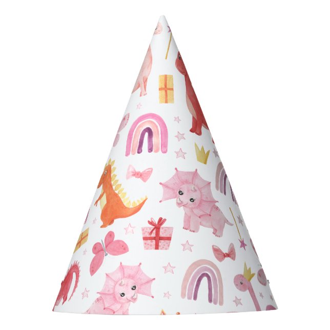 Chapeaux De Fêtes Fille rose bébé Dino Dinosaur Anniversaire (Devant)