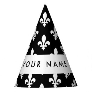 Chapeaux De Fêtes Fleur de Lis, Blanc sur Noir, Blanc, Votre Nom