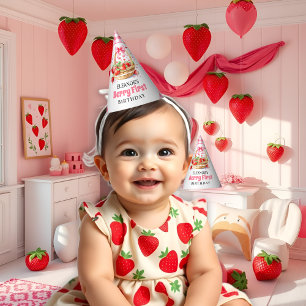 Chapeaux De Fêtes Fraises et noeud rose Berry Premier Anniversaire