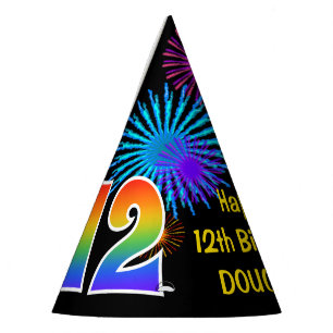 Chapeaux De Fêtes Fun Fireworks + Rainbow Motif "12" Anniversaire n