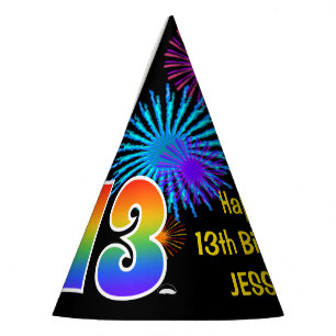 Chapeaux De Fêtes Fun Fireworks + Rainbow Motif "13" Anniversaire #