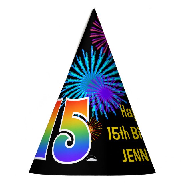 Chapeaux De Fêtes Fun Fireworks + Rainbow Motif "15" Anniversaire # (Gauche)