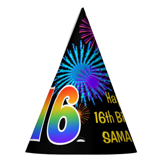 Chapeaux De Fêtes Fun Fireworks + Rainbow Motif "16" Anniversaire # (Gauche)